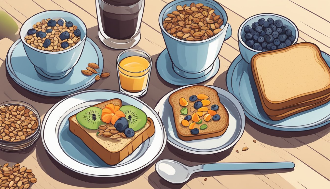 A colorful breakfast spread with a variety of seeds, nuts, and fruits arranged on a table next to a glass of water and a plate of whole grain toast