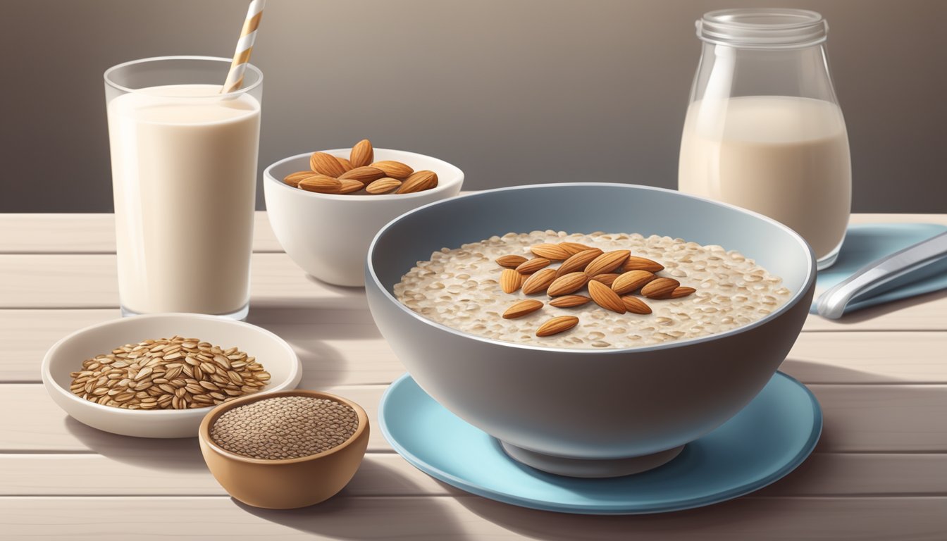 A bowl of oatmeal topped with chia and flax seeds, a plate of sliced almonds, and a glass of unsweetened almond milk on a breakfast table