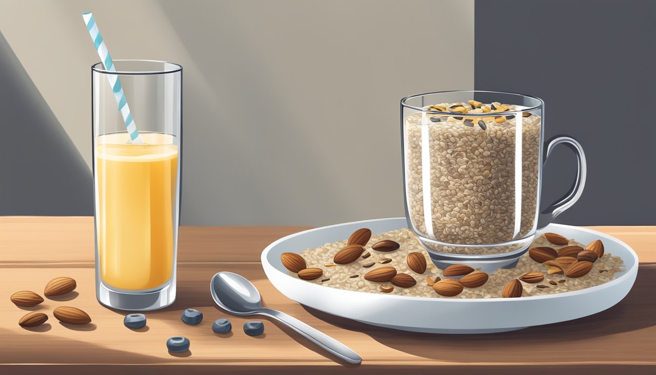 A breakfast table with a bowl of oatmeal topped with chia and flax seeds, a plate of mixed nuts, and a glass of water