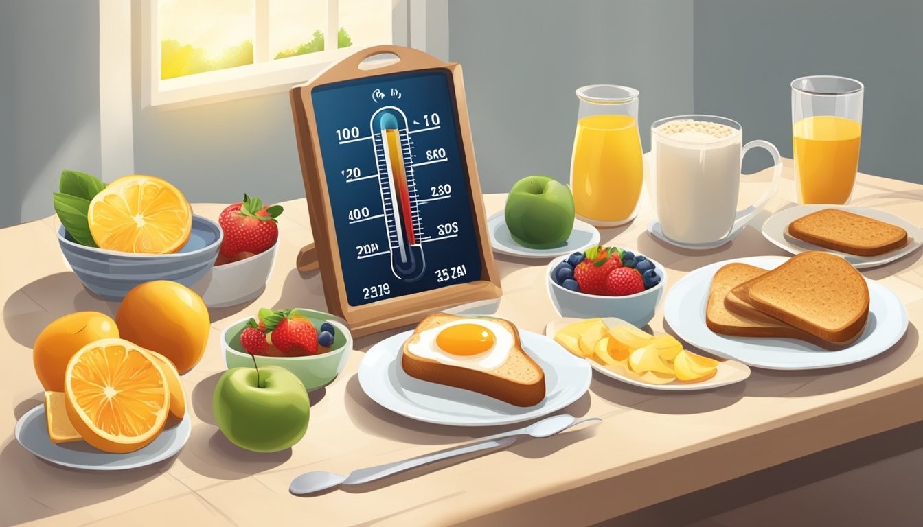 A sunny morning with a thermometer showing high temperature. A table set with various breakfast options like fruits, oatmeal, and toast