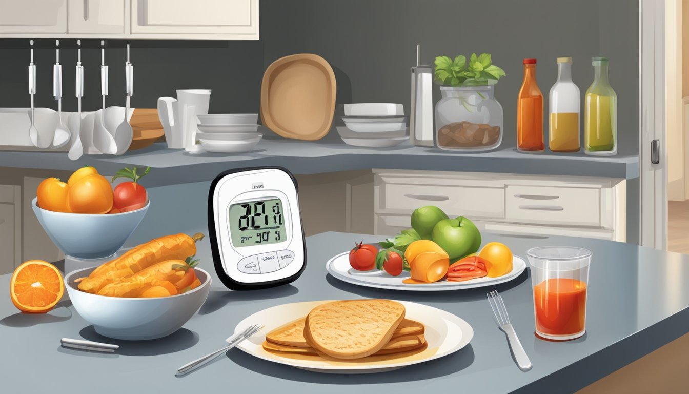 A kitchen scene with a thermometer showing high temperature, a plate of food, and a blood sugar monitor