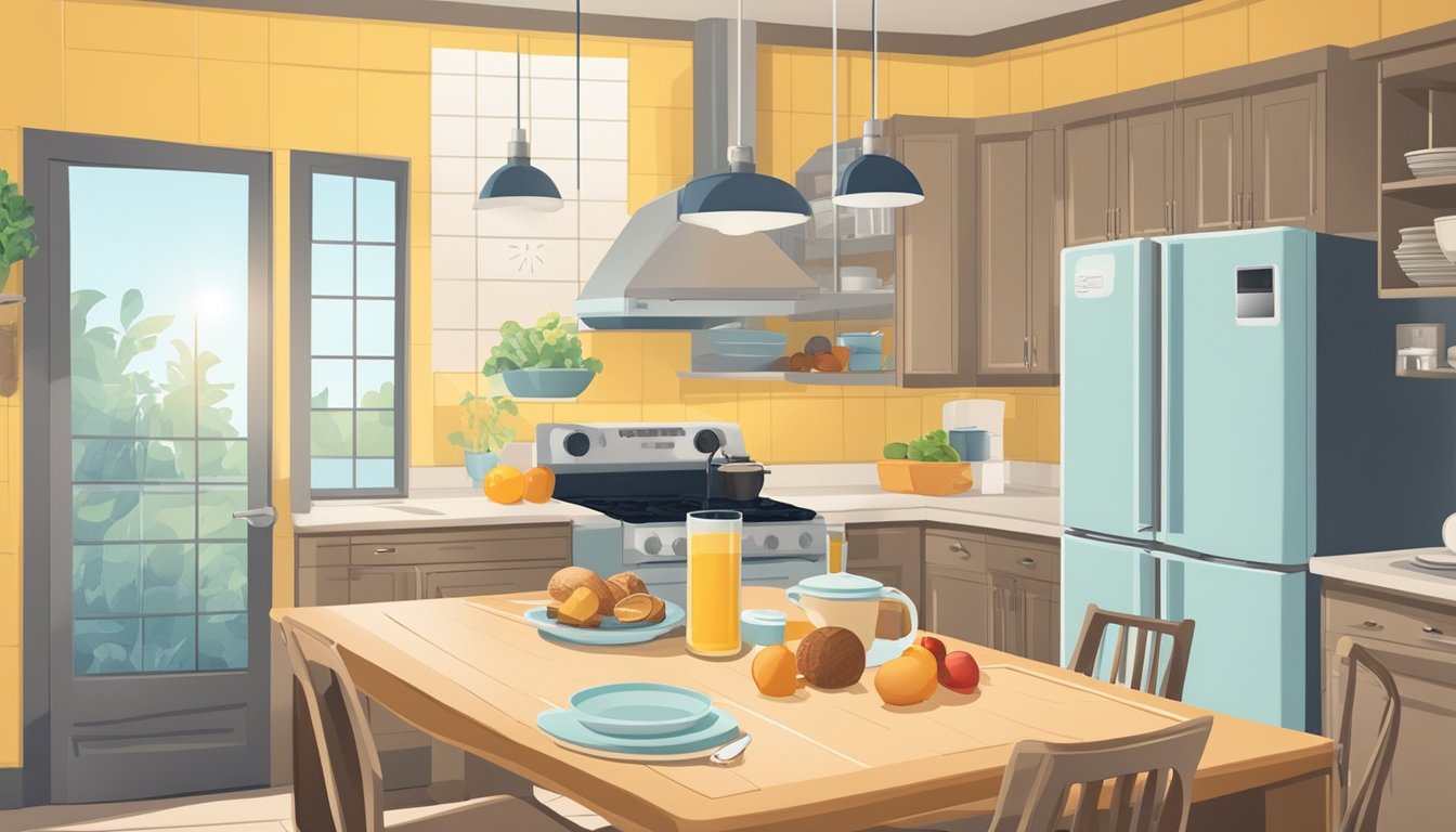 A sunny kitchen with a thermometer on the wall, a plate of healthy breakfast foods, and a chart showing the impact of temperature on blood sugar levels