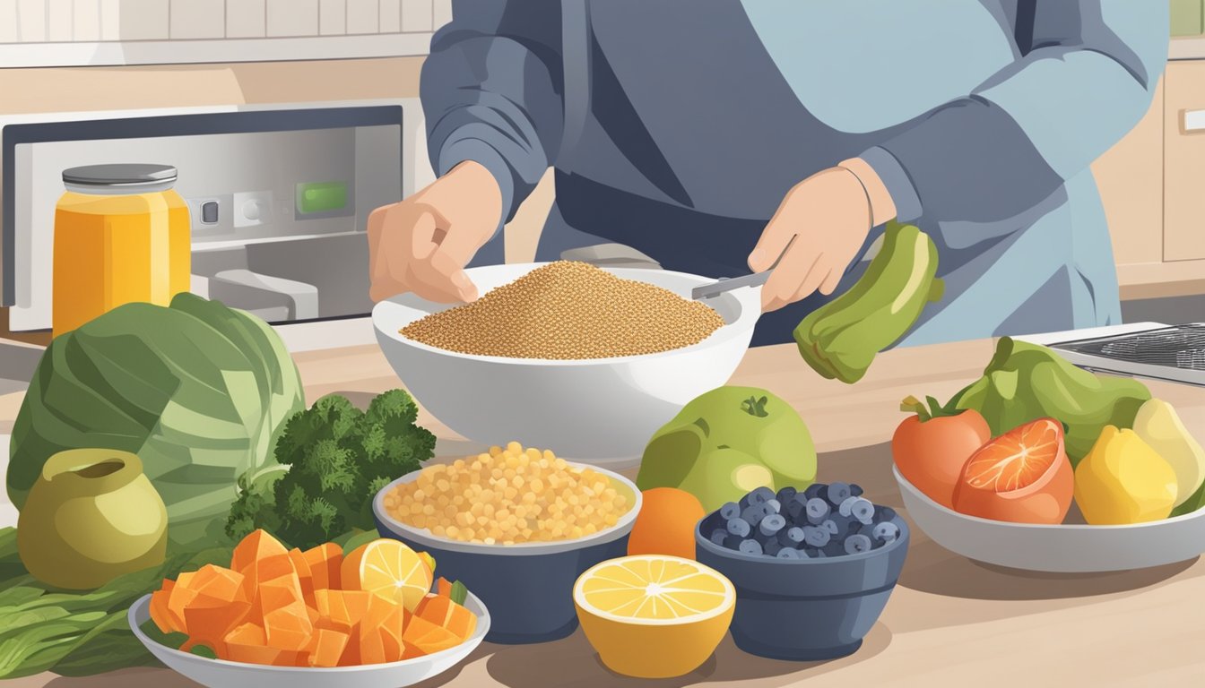 A kitchen counter with various fruits, vegetables, and whole grains. A person preparing a balanced breakfast while following guidelines for managing diabetic gastroparesis