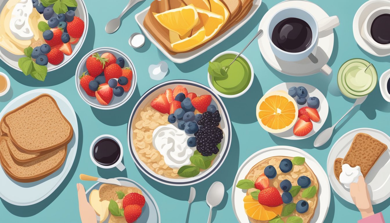 A table set with a variety of colorful and nutritious breakfast options, such as oatmeal, yogurt, fruit, and whole grain toast, alongside medical professionals discussing and sharing ideas