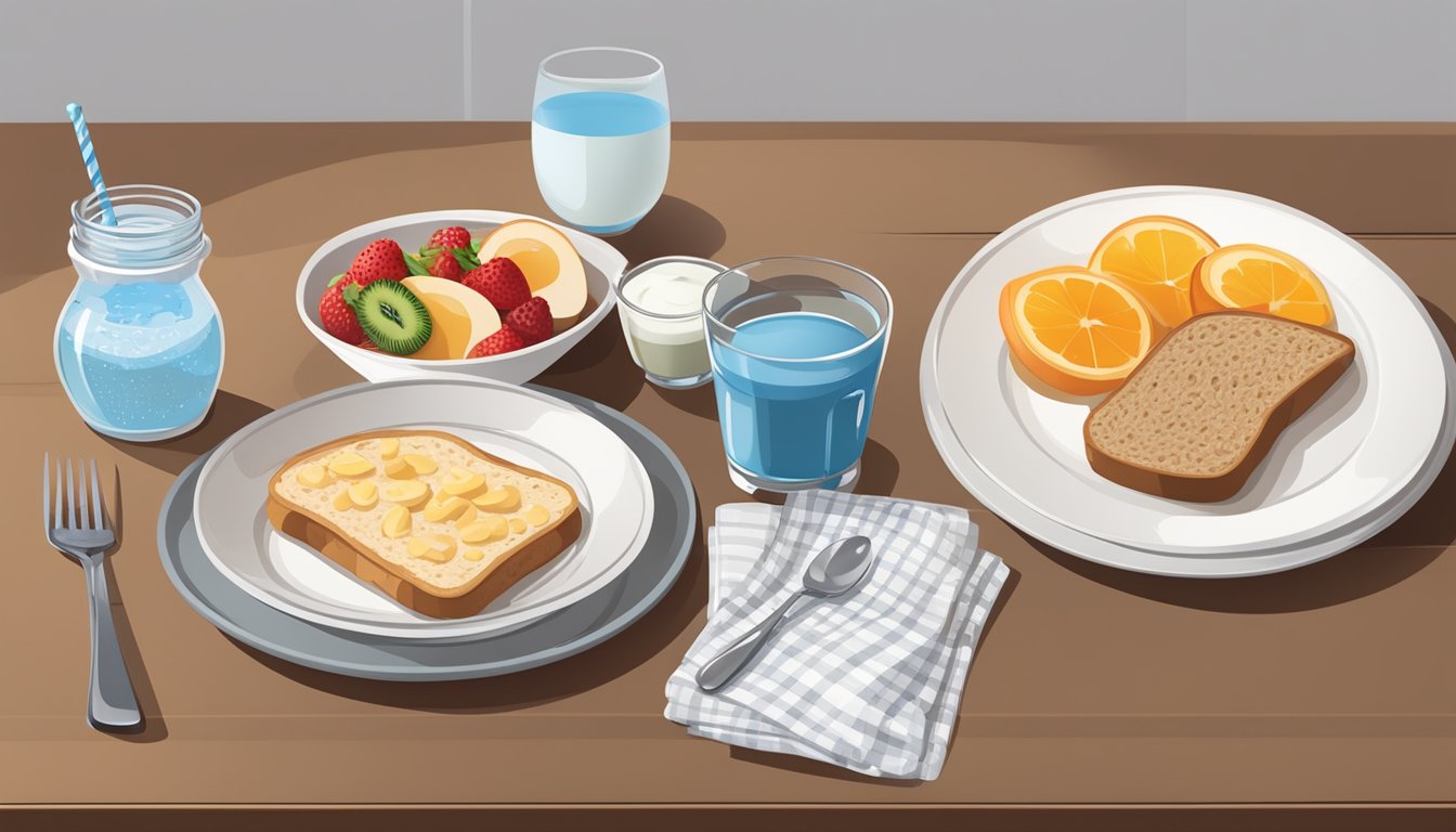 A table set with a variety of breakfast options, including oatmeal, fruit, yogurt, and whole grain toast, with a glass of water and a blood glucose monitor nearby