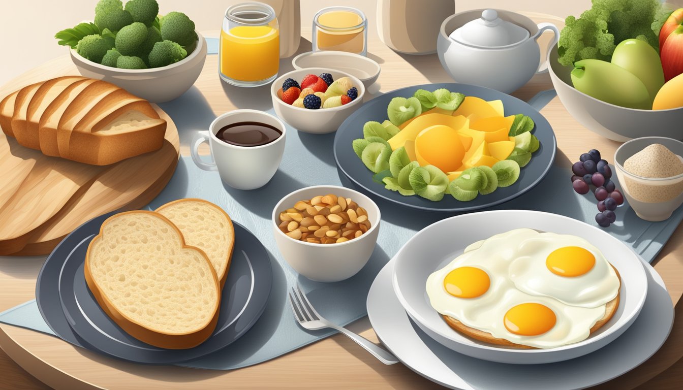 A breakfast table with a variety of gluten-free and low-carb options, such as eggs, fruits, vegetables, and gluten-free bread or cereal