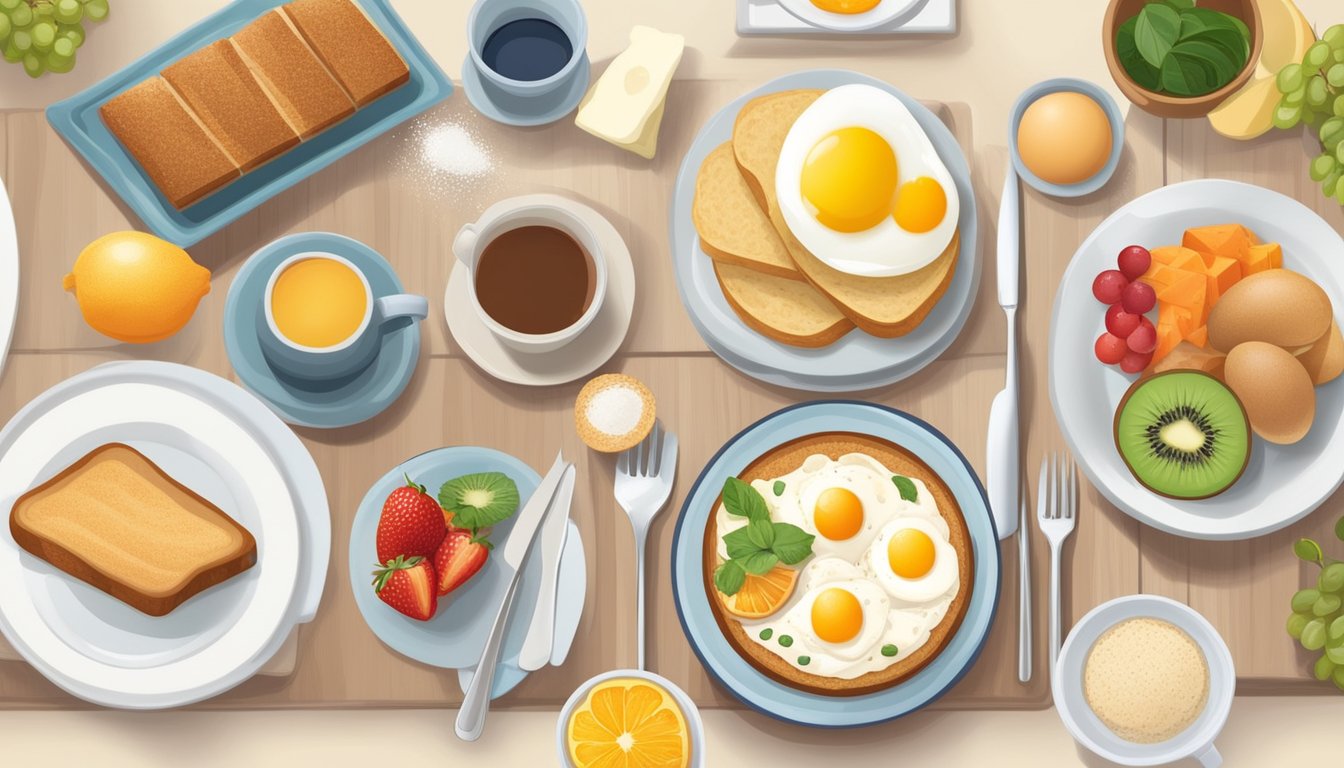 A table set with a variety of gluten-free and low-sugar breakfast options, including fruits, eggs, and whole grain bread