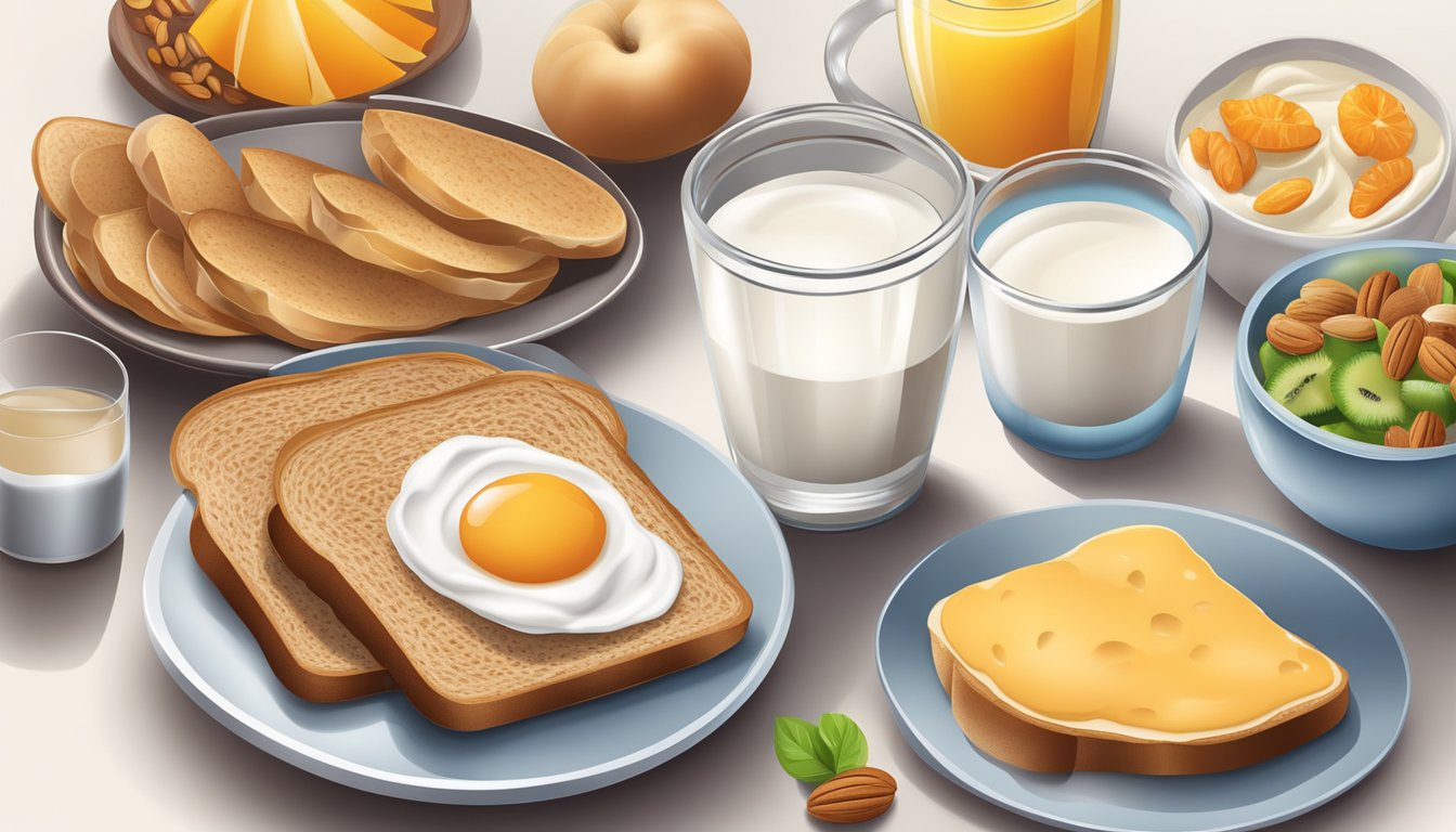 A breakfast table with a variety of healthy food options such as whole grain toast, fresh fruits, yogurt, and nuts, with a glass of water or milk