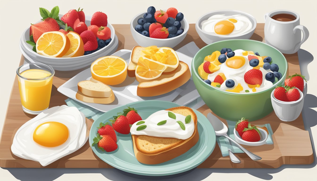 A table set with a colorful array of diabetic-friendly breakfast options, including fresh fruit, eggs, gluten-free toast, and yogurt