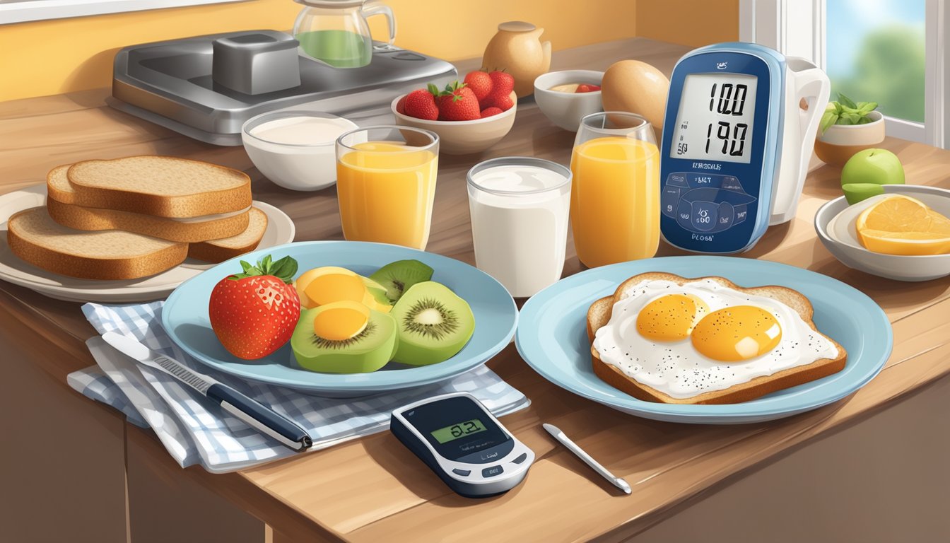 A kitchen table set with a variety of healthy breakfast options such as whole grain toast, yogurt, fruit, and eggs, with a blood glucose monitor and insulin pen nearby