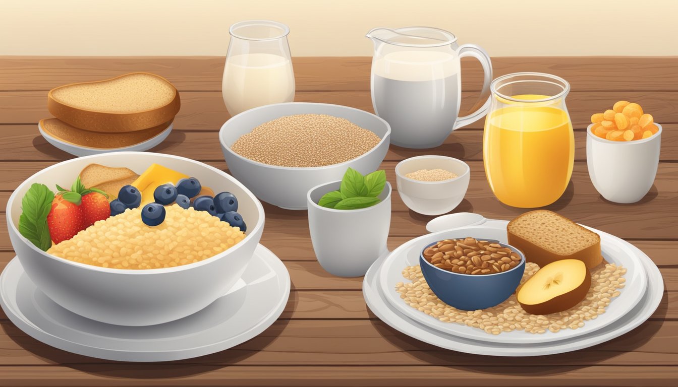 A breakfast table with a variety of whole grains and complex carbohydrates such as oatmeal, whole grain toast, quinoa, and fresh fruits