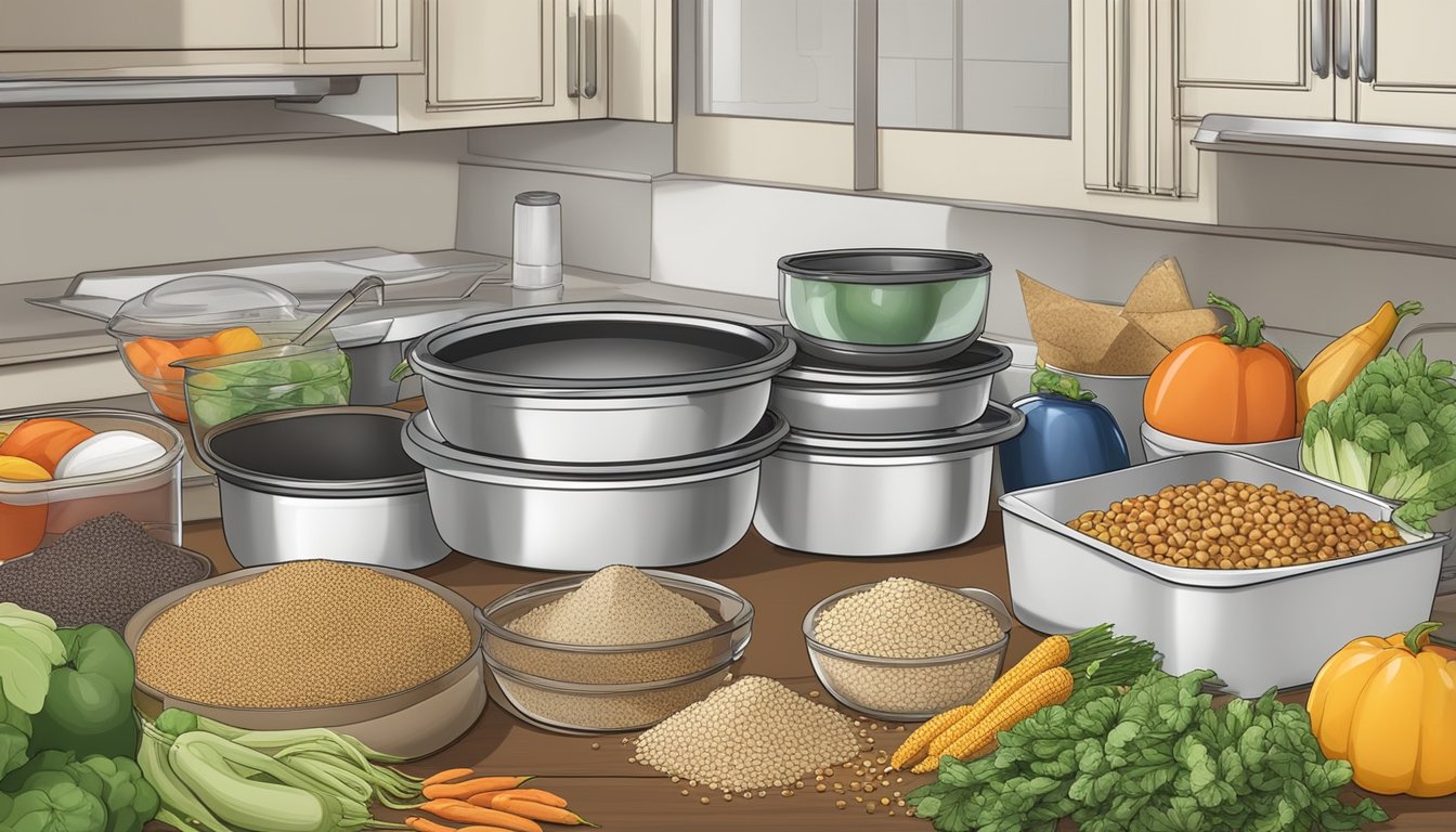 A kitchen counter with a variety of gluten-free grains, fruits, and vegetables, alongside a meal prep container and cooking utensils