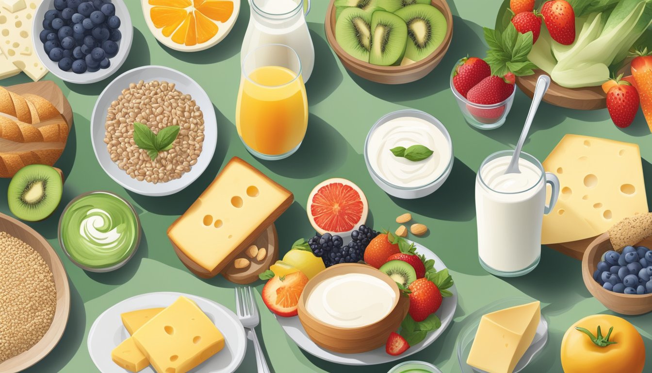 A breakfast table with a variety of dairy and plant-based alternatives such as milk, yogurt, and cheese, alongside whole grains, fruits, and vegetables