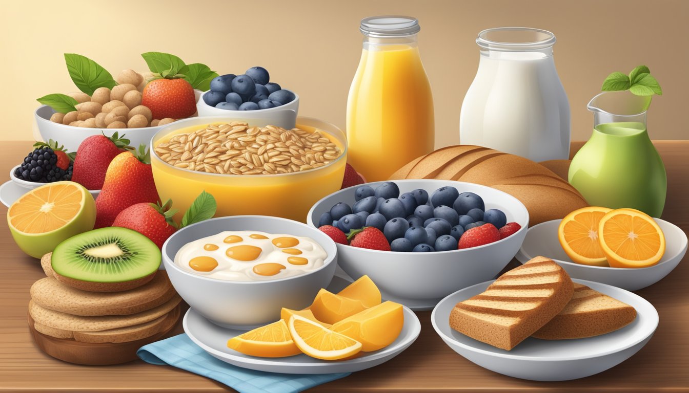 A breakfast table with a variety of healthy food options, including fruits, whole grains, dairy, and lean proteins, arranged in an appealing and balanced manner