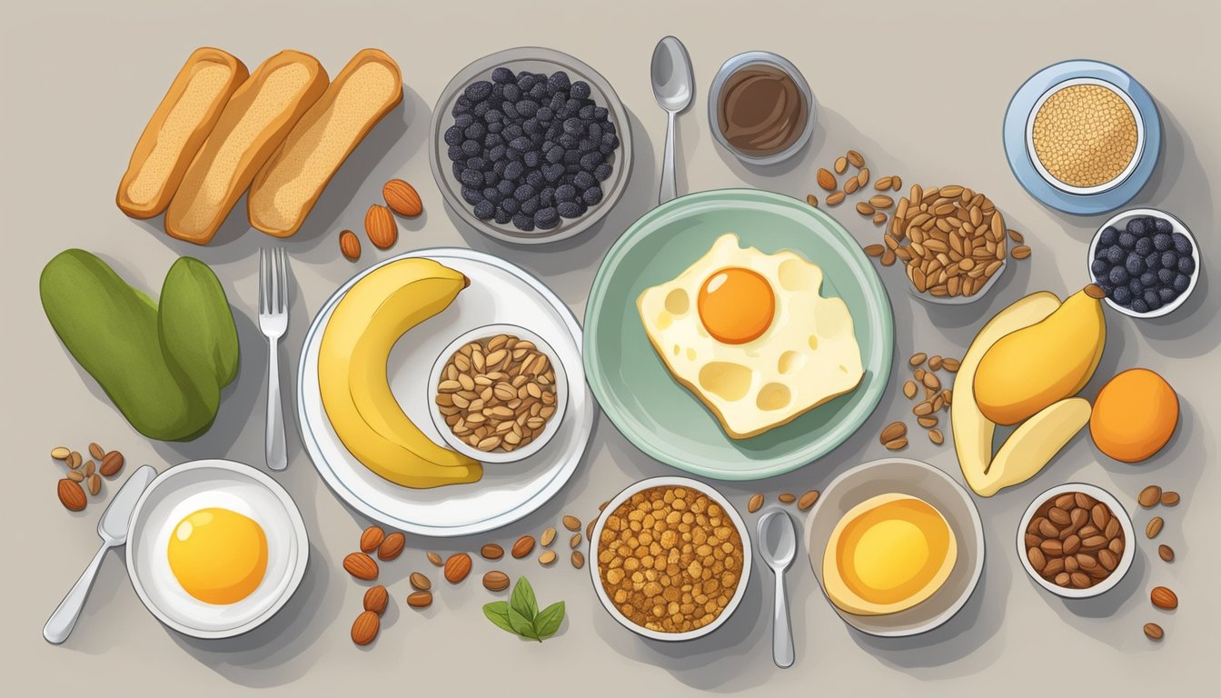 A table set with a balanced breakfast including whole grains, fruits, and legumes, with a focus on incorporating resistant starch for diabetic individuals