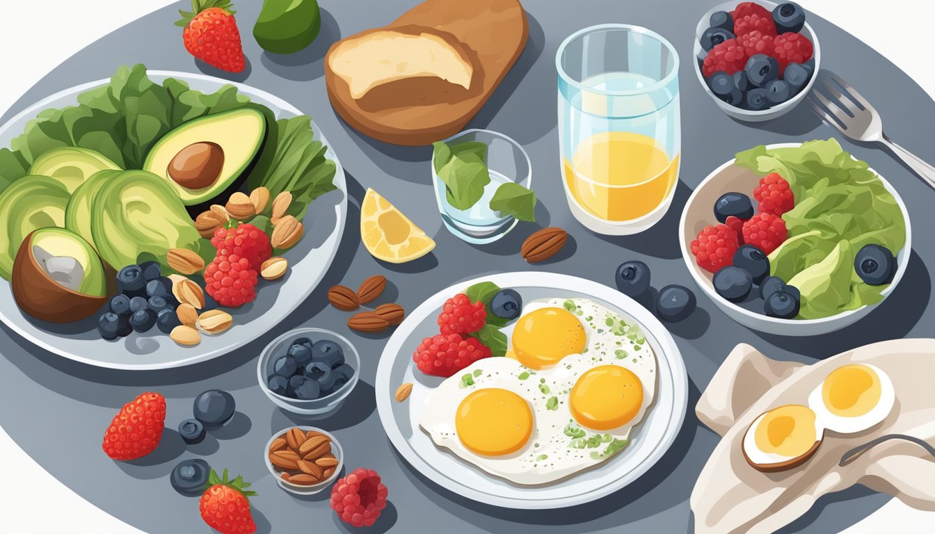 A breakfast table with a variety of low-carb, high-fiber foods like eggs, avocado, nuts, and leafy greens, alongside a glass of water and a plate of berries