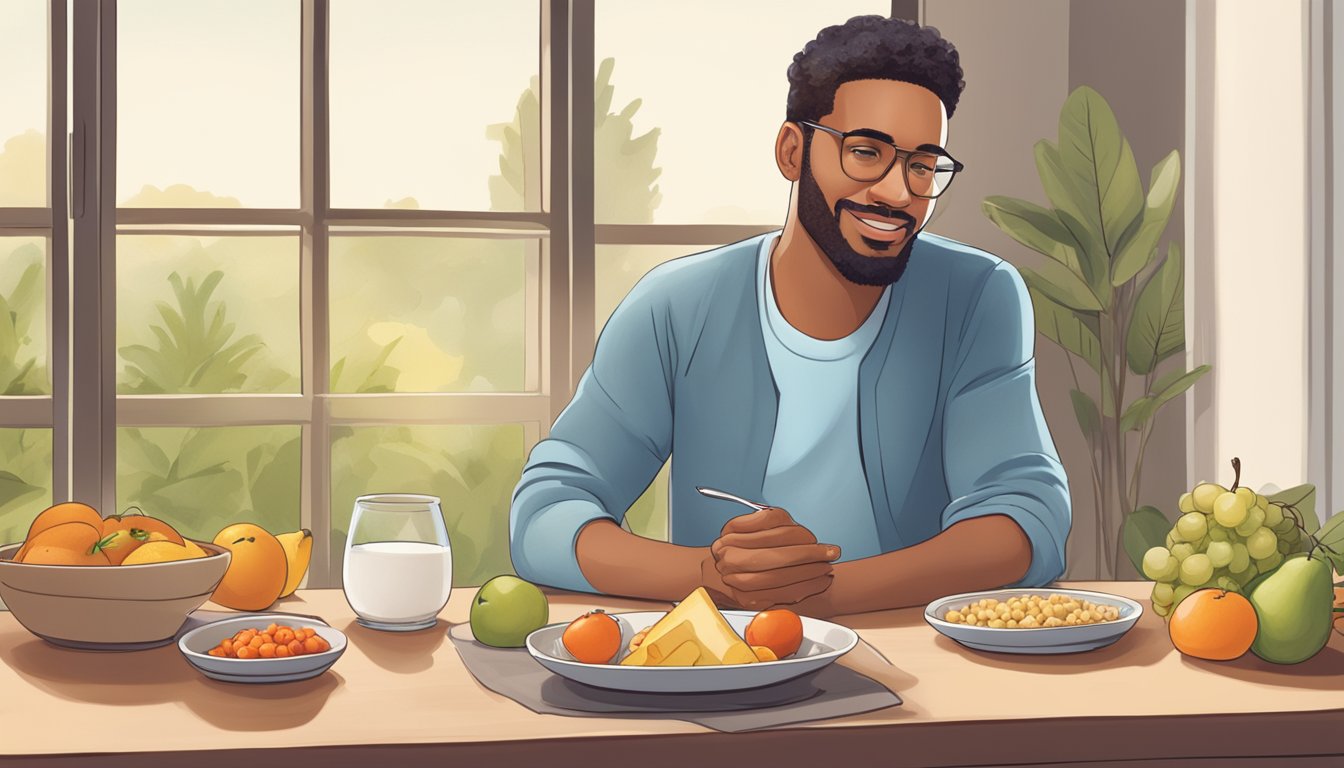 A diabetic individual sitting at a table, enjoying a balanced breakfast of fruits, whole grains, and protein, with a serene and peaceful expression on their face