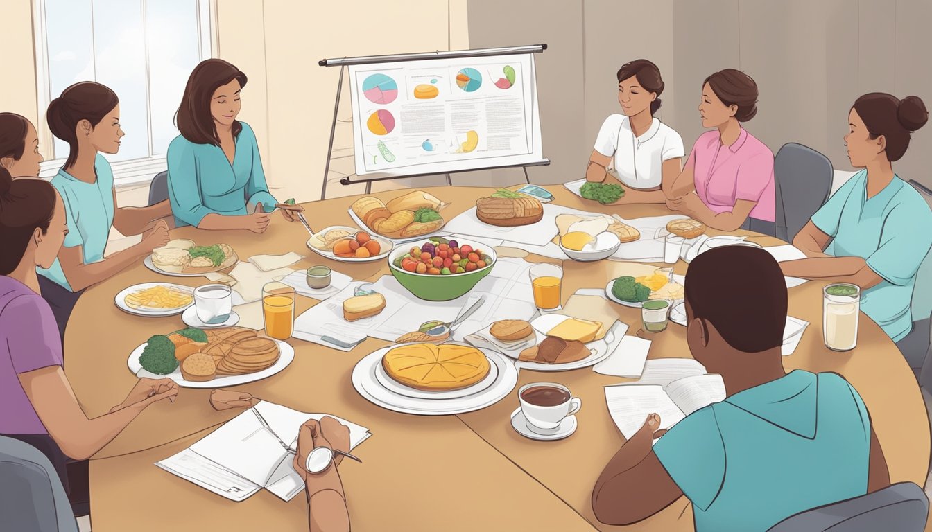 A dietician explaining the importance of a balanced breakfast to a group of diabetic patients, with charts and diagrams illustrating the connection to mental health