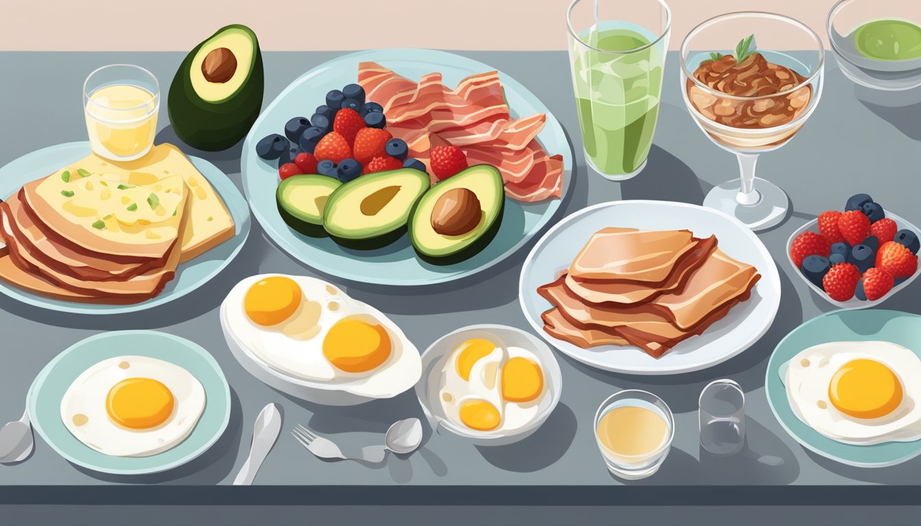 A table set with a variety of low-carb, high-protein breakfast options, including eggs, avocado, bacon, and berries, with a glass of water and a diabetes-friendly sweetener