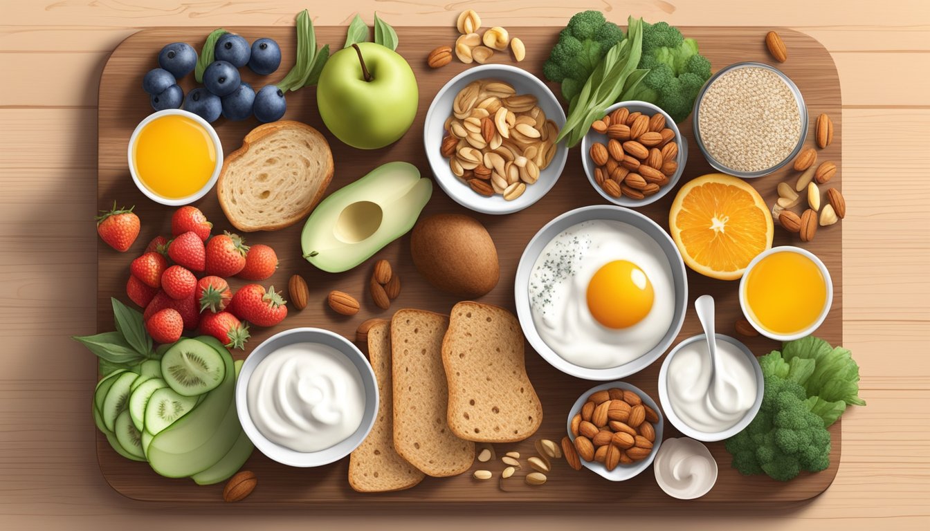 A breakfast grazing board with a variety of diabetic-friendly foods arranged on a wooden board, including fruits, nuts, whole grain toast, yogurt, and vegetables