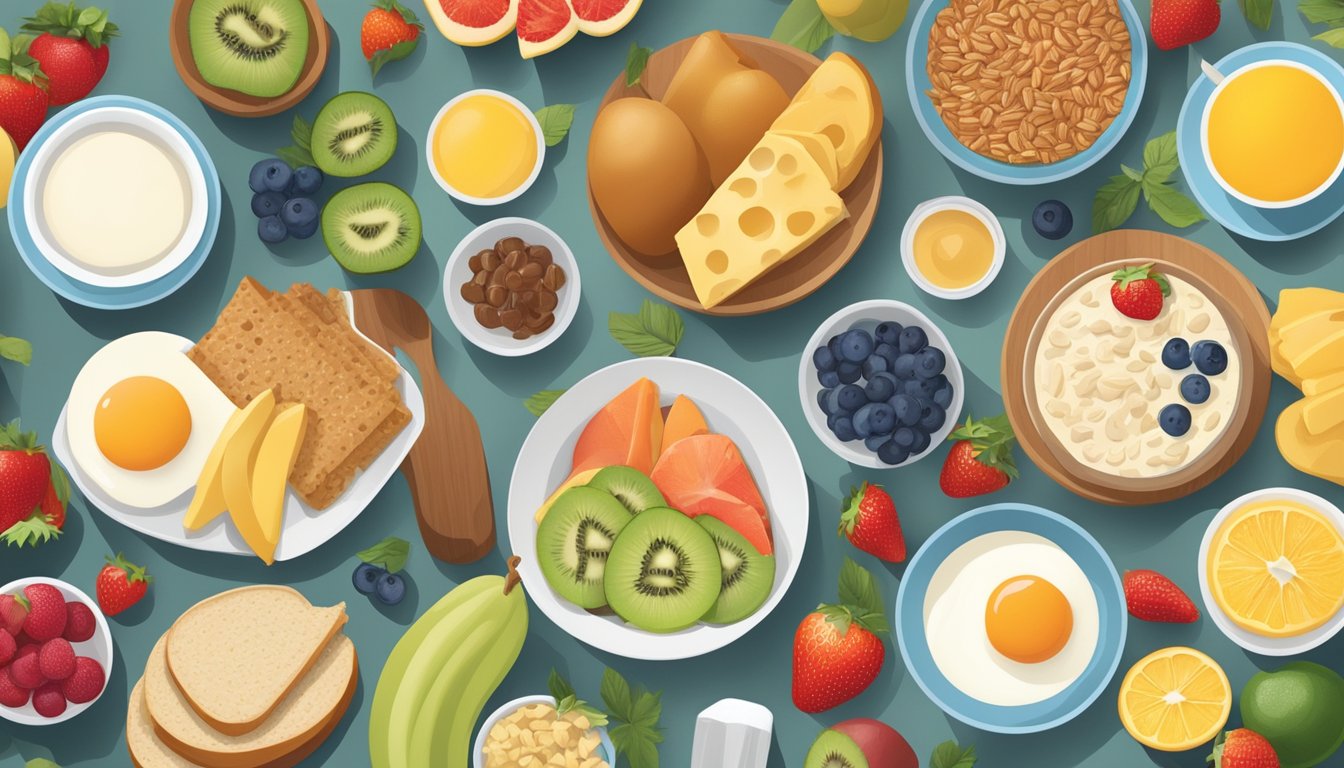 A breakfast table with a variety of healthy food options, including fruits, whole grains, and low-fat dairy, with a focus on portion control and balanced nutrients