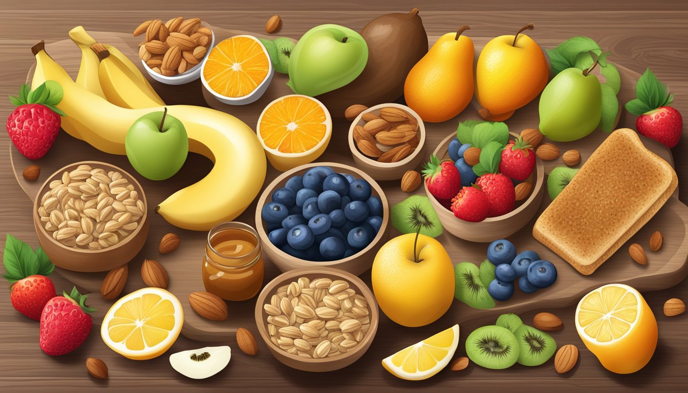 A colorful array of fresh fruits, nuts, whole grain toast, and low-sugar spreads arranged on a wooden breakfast board