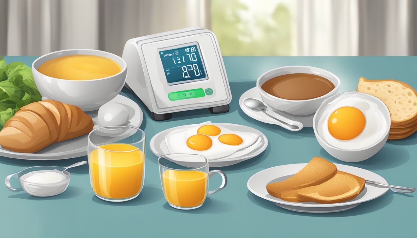 A table set with a balanced breakfast and a kidney monitoring device nearby