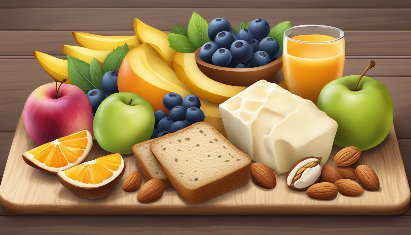 A colorful array of fresh fruits, whole grain breads, low-fat dairy products, and nuts arranged on a wooden board