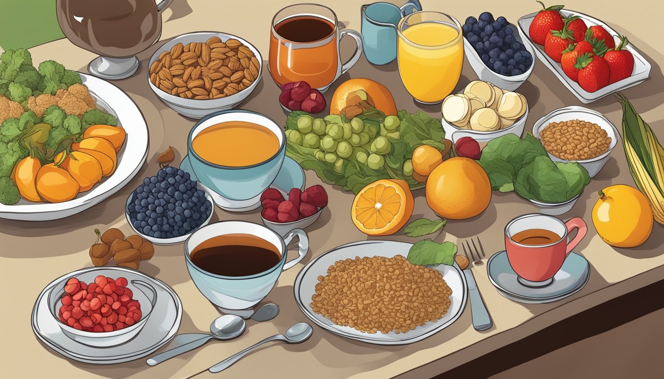 A table set with a colorful array of fruits, vegetables, whole grains, and nuts, with a steaming cup of tea or coffee, illustrating a balanced breakfast rich in dietary polyphenols for diabetic blood sugar management