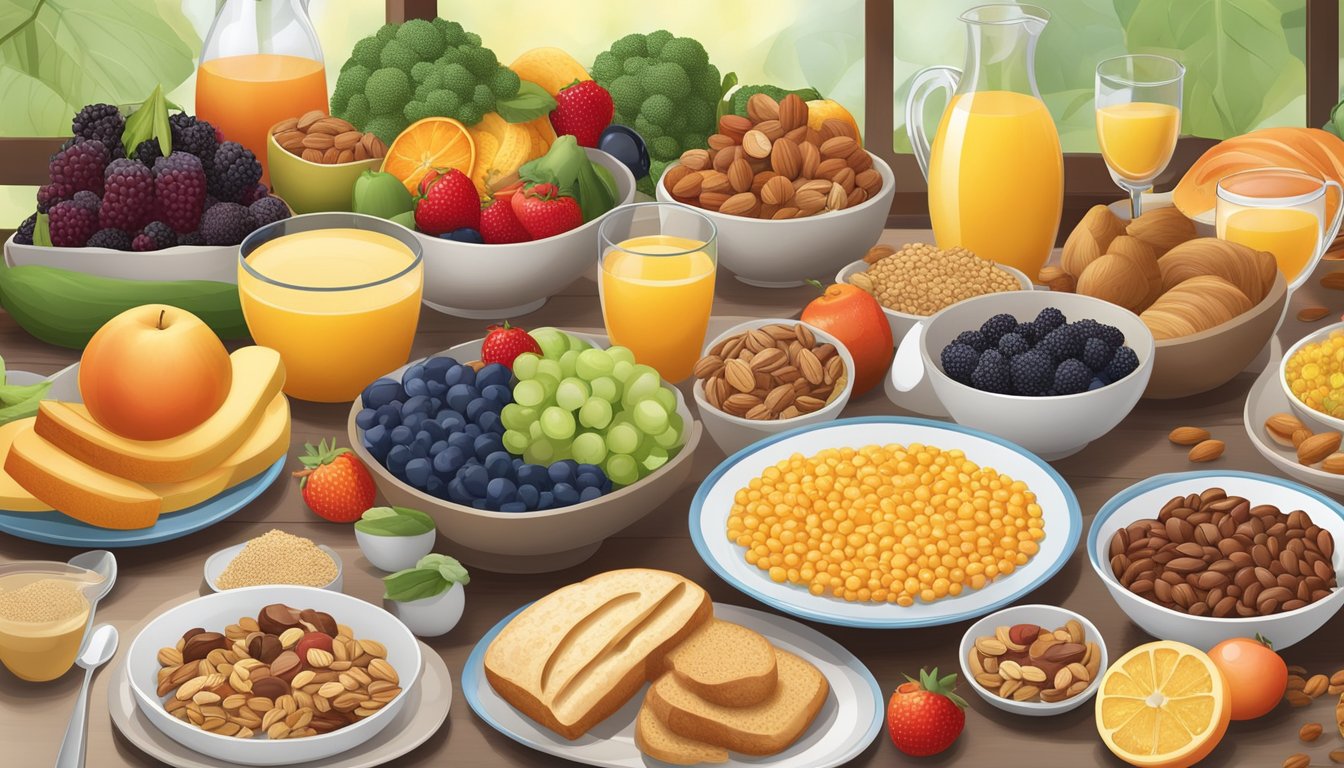 A breakfast table with a variety of foods rich in polyphenols and other nutrients, such as fruits, vegetables, whole grains, and nuts, arranged in an appealing and balanced manner