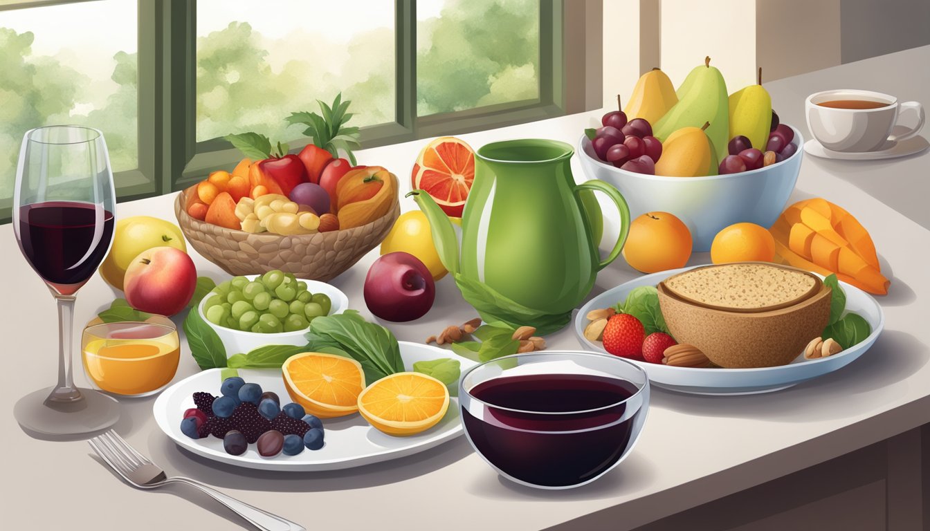 A breakfast table with a variety of fruits, vegetables, whole grains, and nuts, with a glass of red wine and a cup of green tea