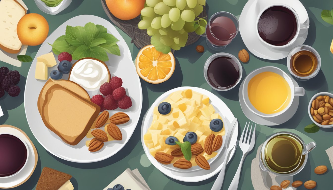 A table set with a variety of breakfast foods, including fruits, whole grains, and nuts, with a glass of red wine and a cup of green tea