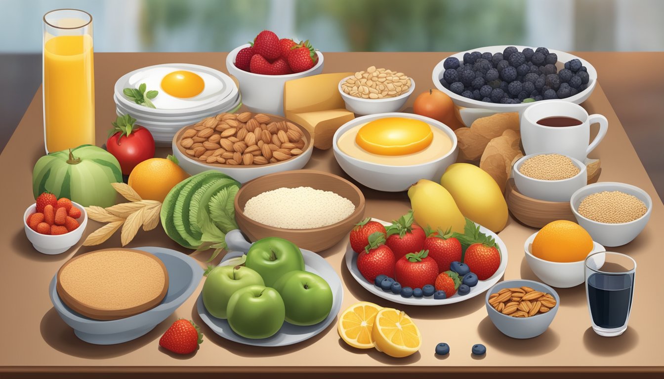 A breakfast table with a variety of foods rich in polyphenols, such as fruits, vegetables, whole grains, and nuts, alongside a blood glucose monitor