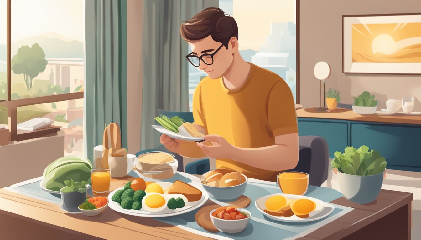 A traveler with diabetes prepares a healthy breakfast in a hotel room, choosing low-carb options such as eggs, vegetables, and whole grain toast