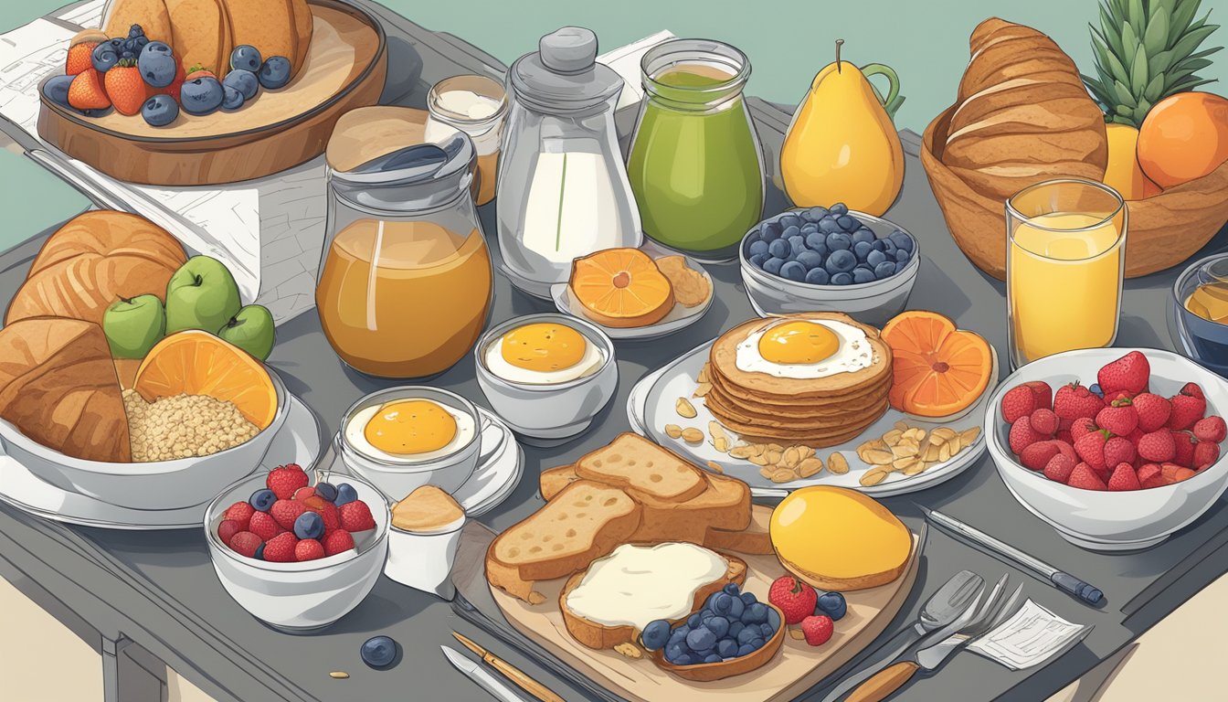 A table with a variety of breakfast options, including fruits, whole grains, and low-sugar options, laid out with a travel map and insulin pen nearby