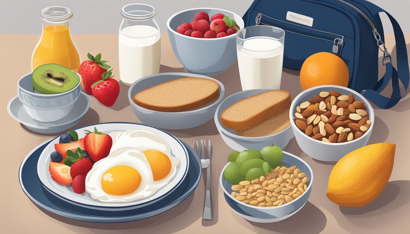 A table set with a variety of diabetic-friendly breakfast options, including fruits, whole grain bread, yogurt, and nuts, with a travel bag in the background