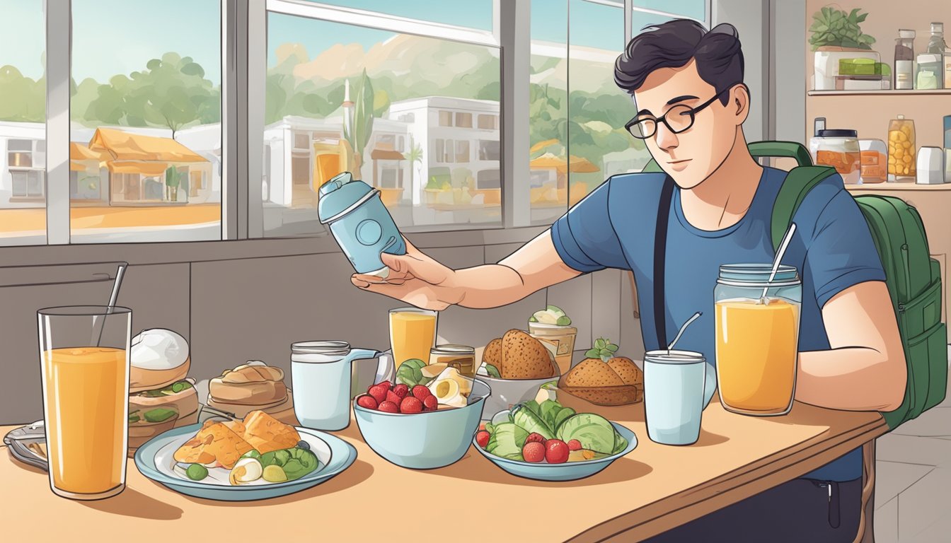 A person with diabetes sips water while choosing healthy breakfast options from a variety of foods, with a suitcase and travel essentials nearby