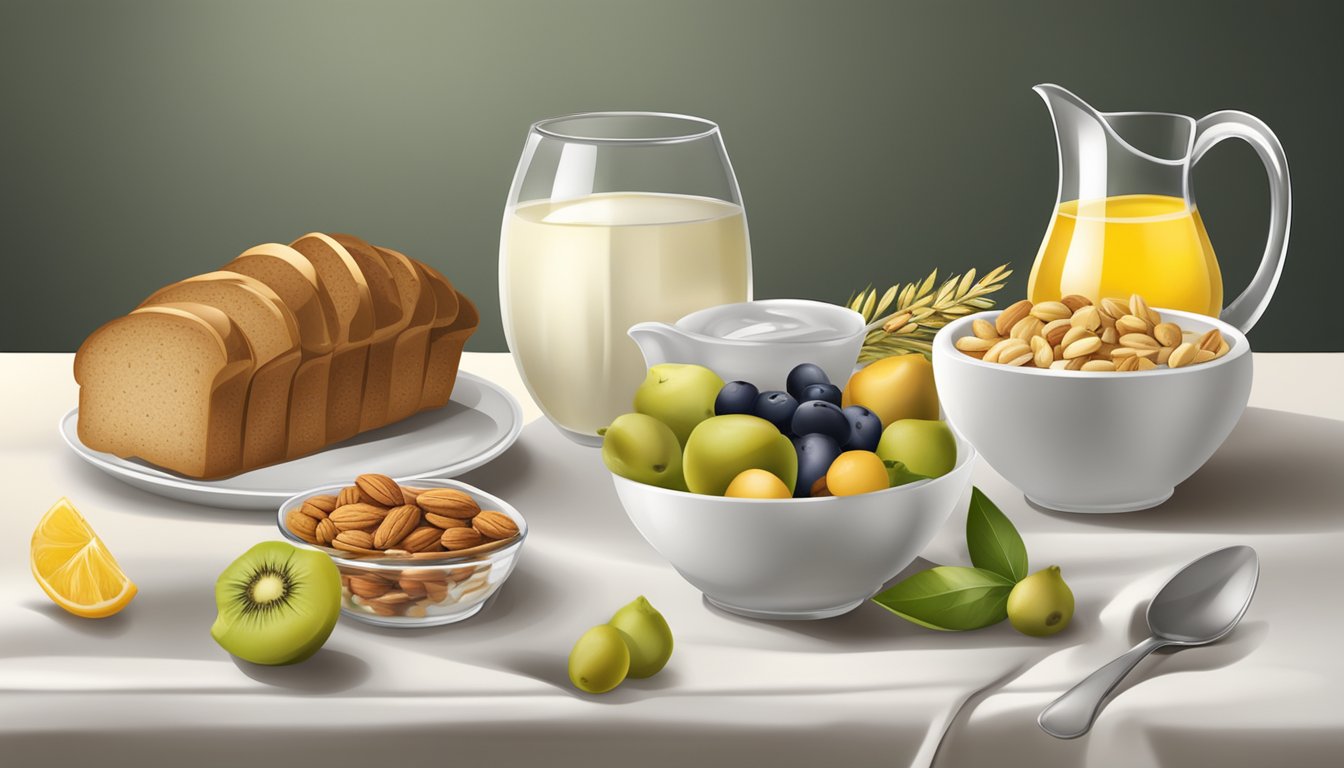 A table set with fresh fruits, whole grain bread, nuts, and olive oil, with a glass of water and a bowl of Greek yogurt