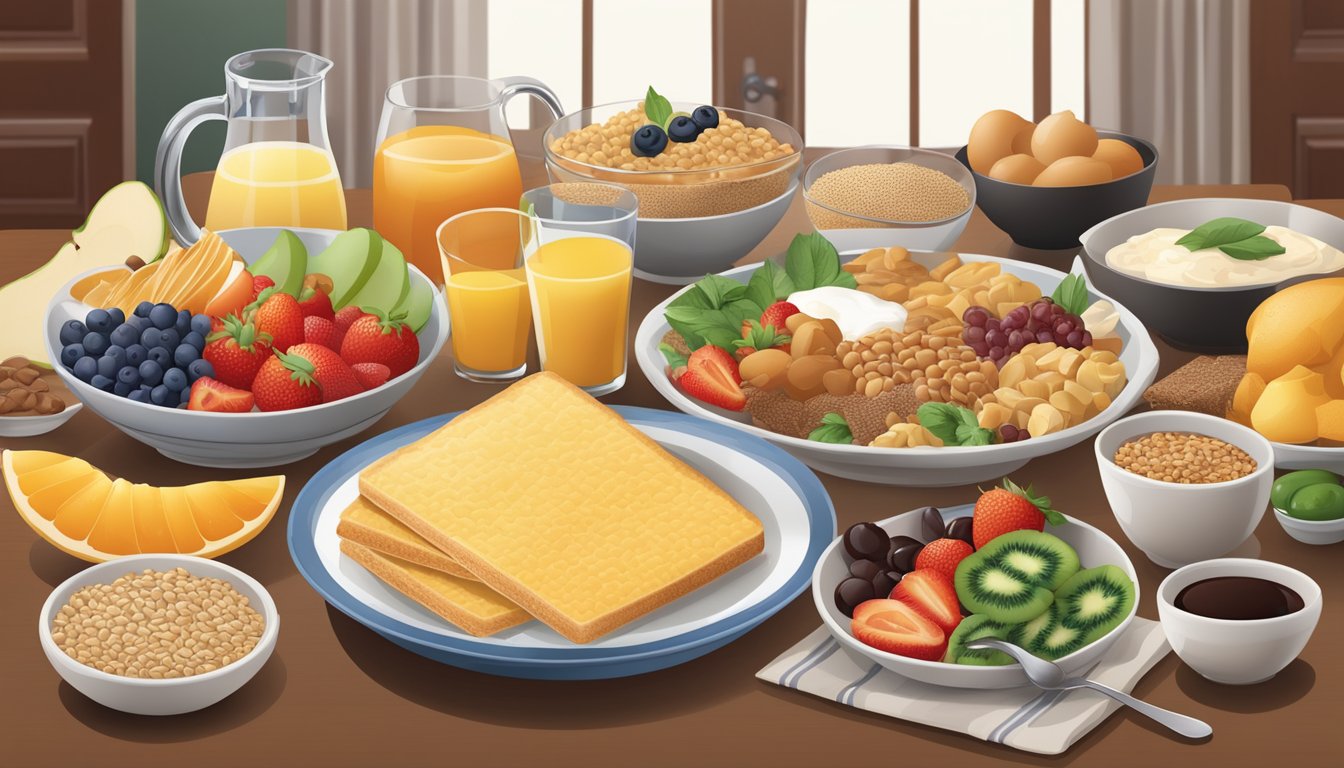 A table set with a variety of local and regional breakfast foods, including fruits, grains, and protein options, with a diabetes-friendly focus