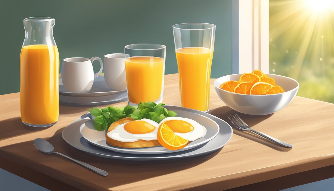 A breakfast table with a plate of food, a glass of orange juice, and a bottle of dietary supplements, with a beam of sunlight shining through the window