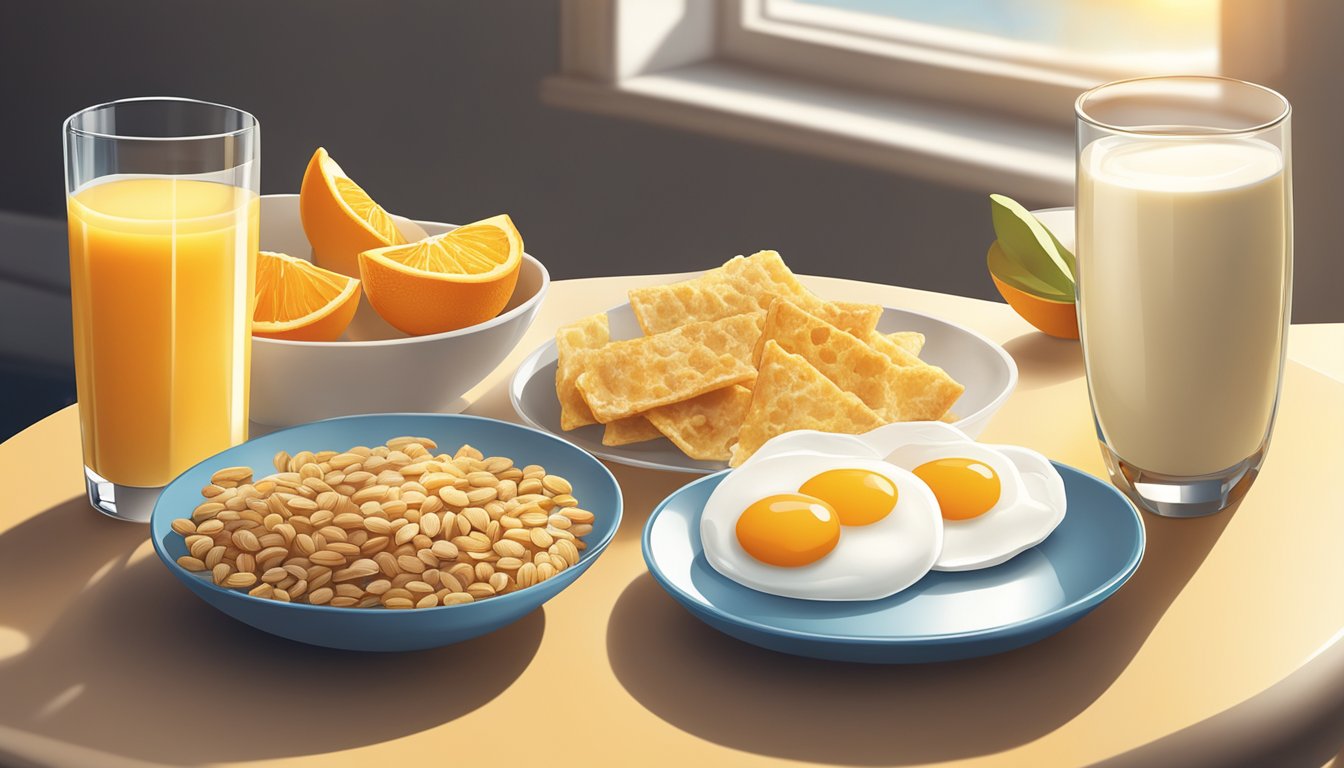 A sunny breakfast table with a variety of diabetes-friendly foods, including fortified cereals, eggs, and orange juice, with a beam of sunlight highlighting a glass of milk