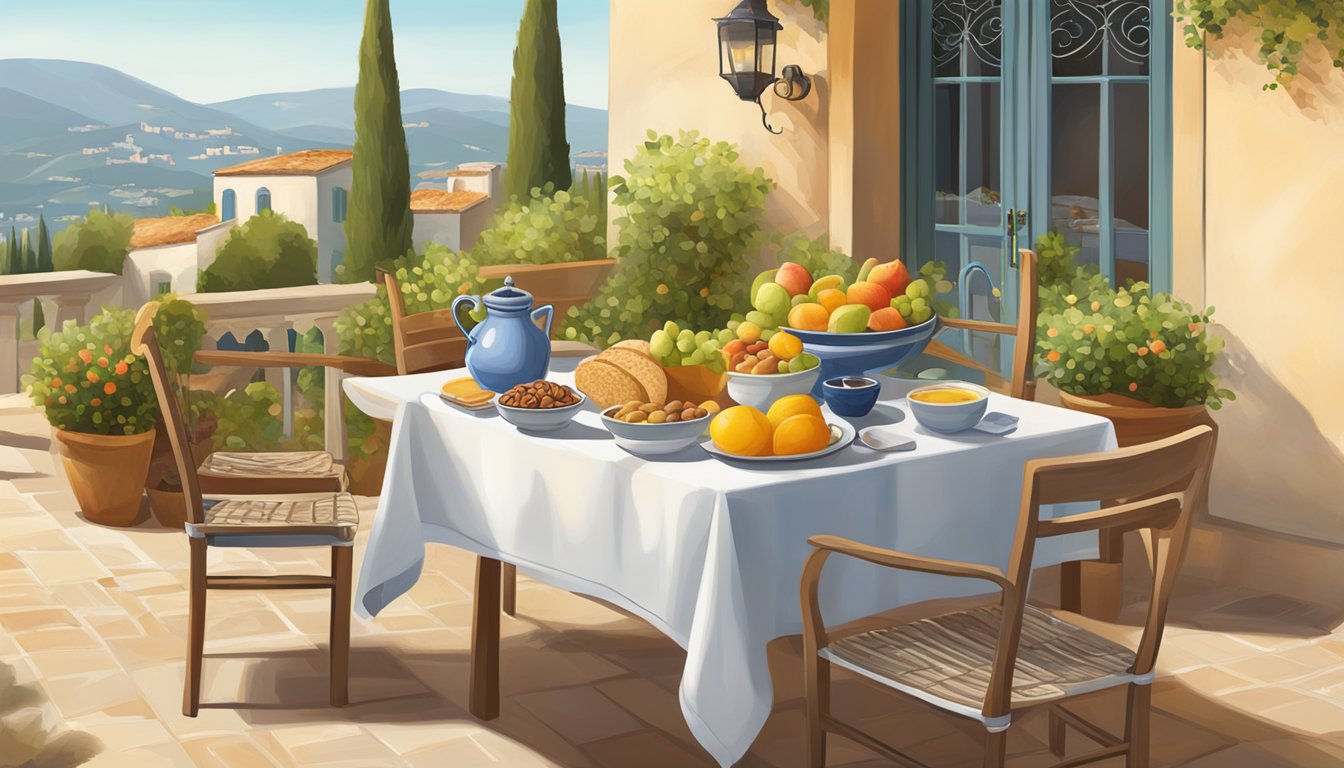 A sunny Mediterranean courtyard with a table set for breakfast, featuring fresh fruits, whole grain bread, olive oil, and nuts