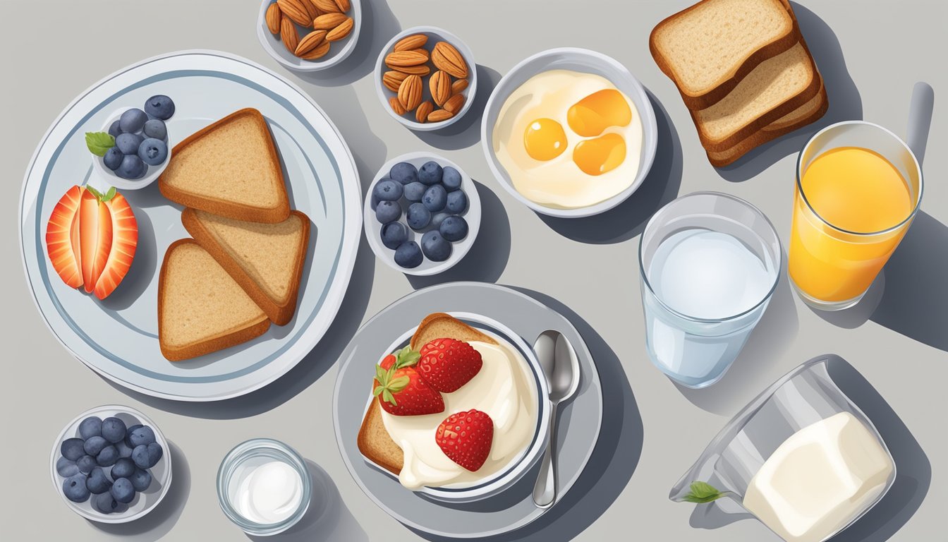 A table set with a balanced breakfast spread including whole grain toast, fresh fruit, yogurt, and nuts, with a glass of water on the side