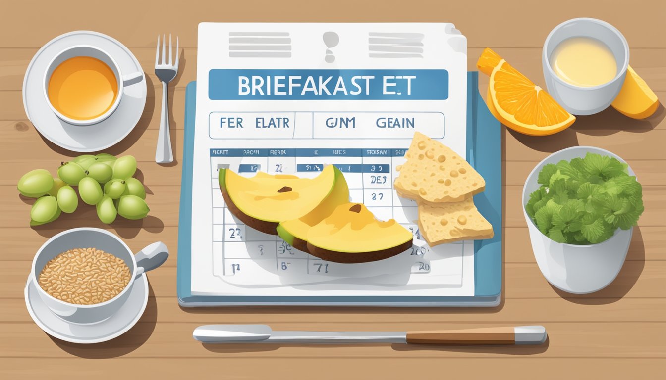 A table set with a balanced breakfast including fruits, whole grains, and protein, with a pair of glasses and a healthy eye chart in the background