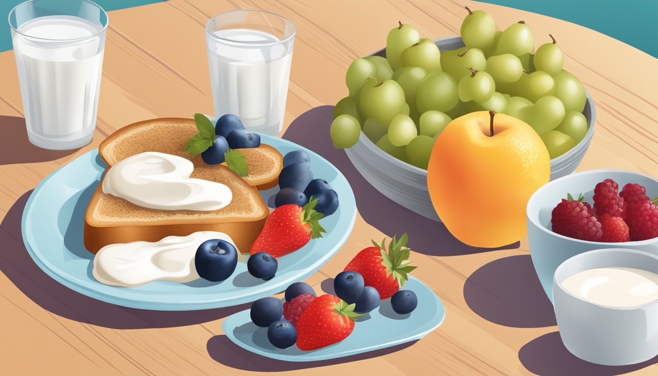 A table set with a colorful array of fruits, whole grain toast, and low-fat yogurt, accompanied by a glass of water and a blood glucose monitor