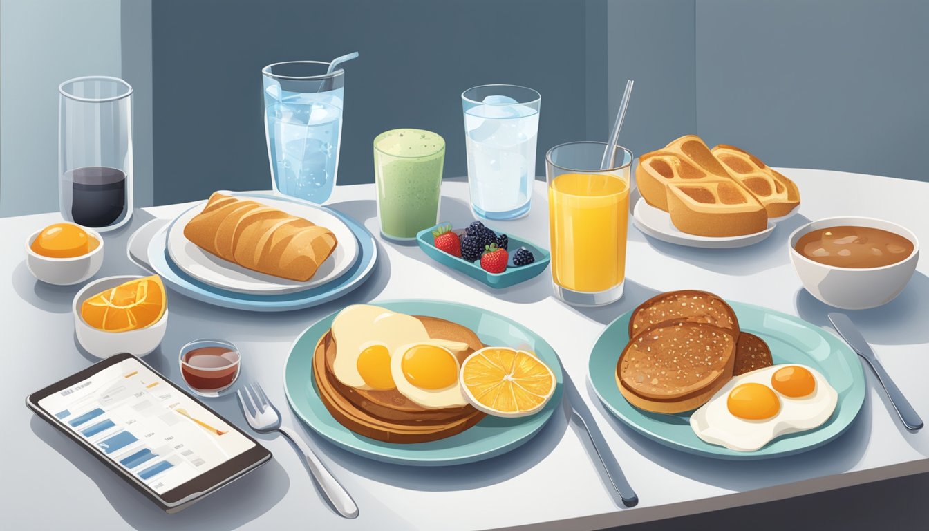 A breakfast table with a variety of food options, a glass of water, and a blood sugar monitoring device