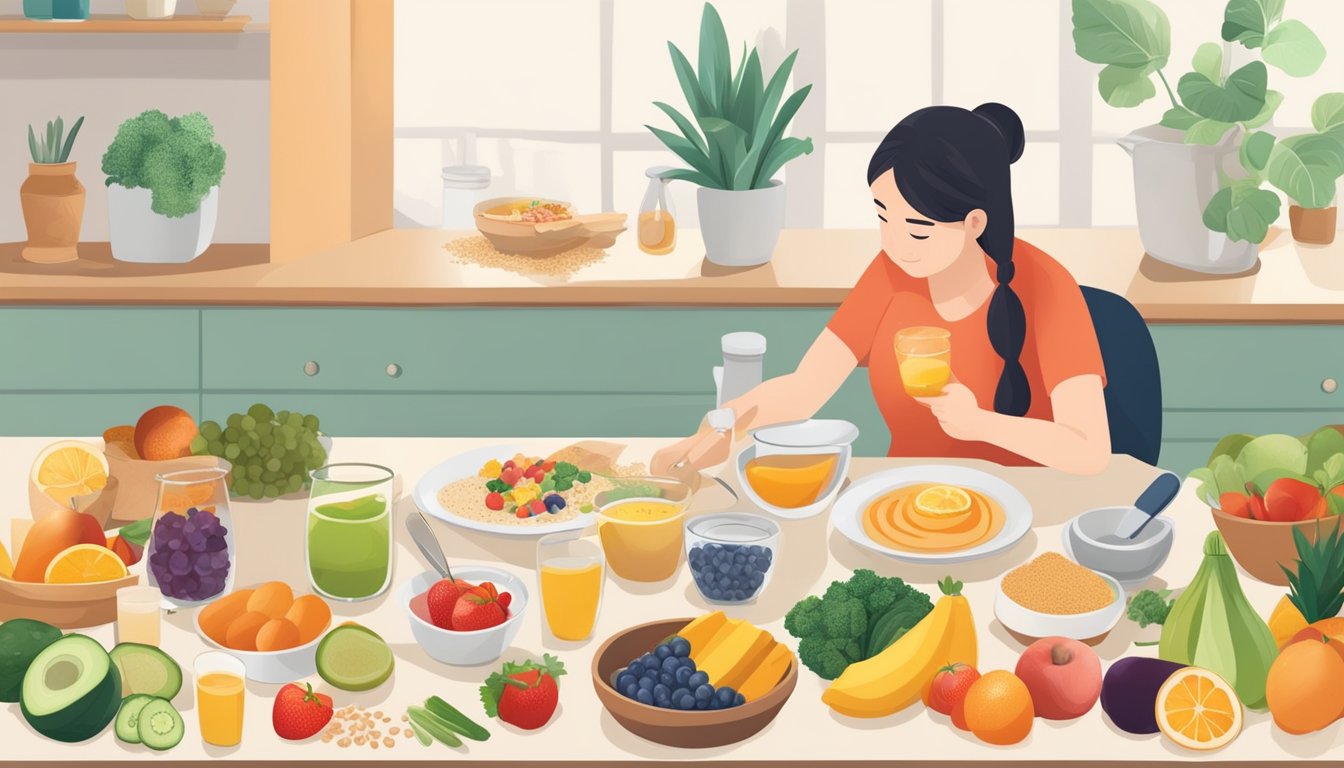 A person preparing a balanced breakfast with fruits, vegetables, and whole grains, while also taking care of their eyes with regular check-ups and eye drops