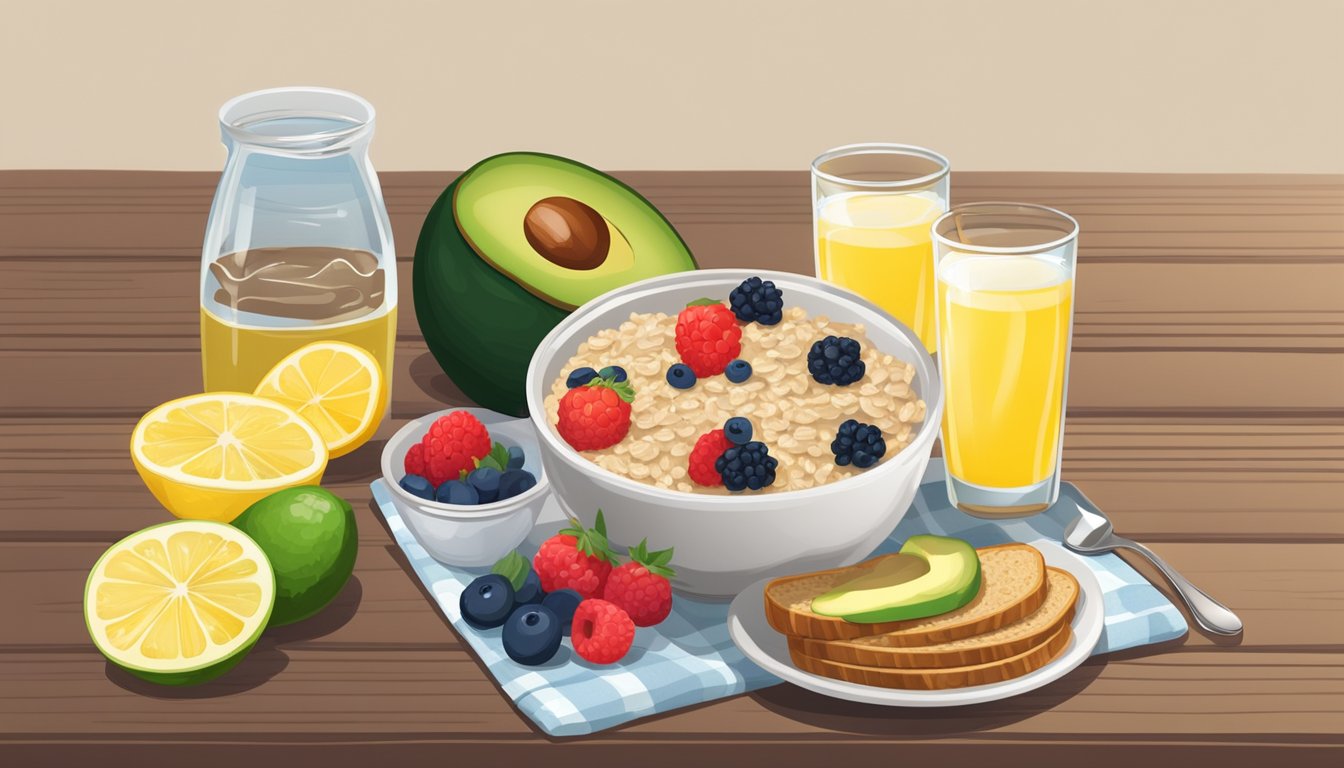 A table set with a bowl of oatmeal topped with fresh berries, a plate of whole grain toast with avocado, and a glass of water with lemon slices