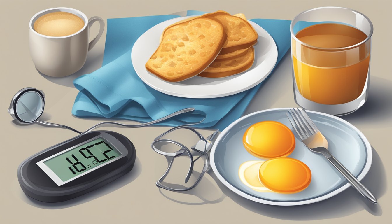 A table set with a balanced breakfast and a pair of glasses next to a blood glucose monitor