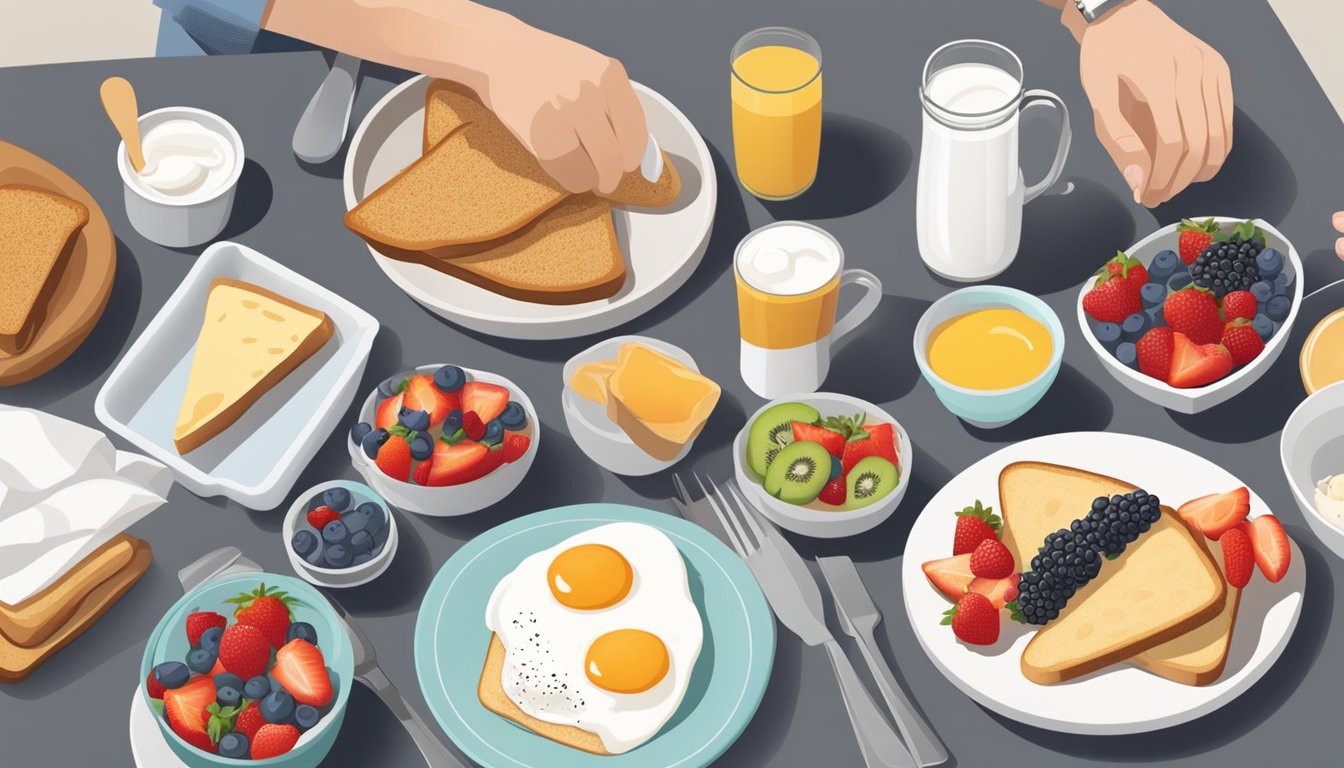 A table set with a variety of breakfast options, including whole grain toast, fresh fruit, yogurt, and eggs, with a diabetic senior reaching for a healthy choice